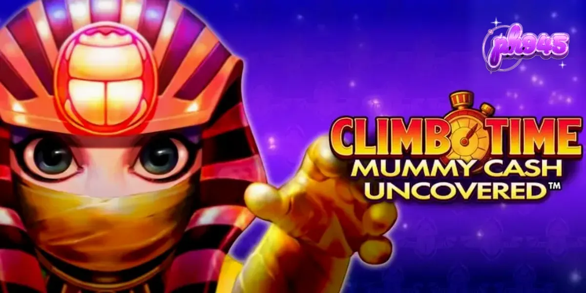 Ang visual na disenyo ng Climb Time Mummy Cash Uncovered na nagpapakita ng gintong reel at celestial na background.